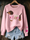 Pullover damski z motywem dachshunda i okrągłym dekoltem - 1 - Livia-Moda