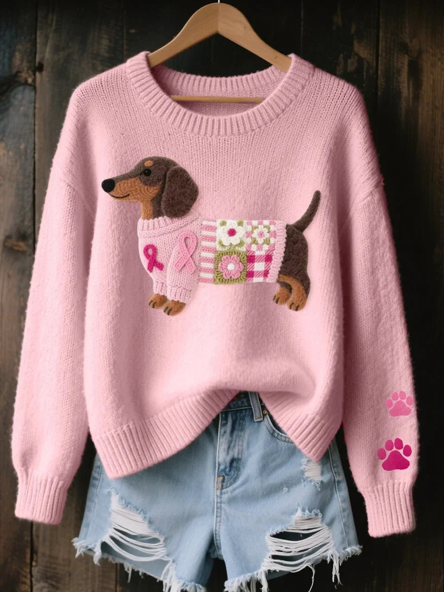 Pullover damski z motywem dachshunda i okrągłym dekoltem - 1 - Livia-Moda