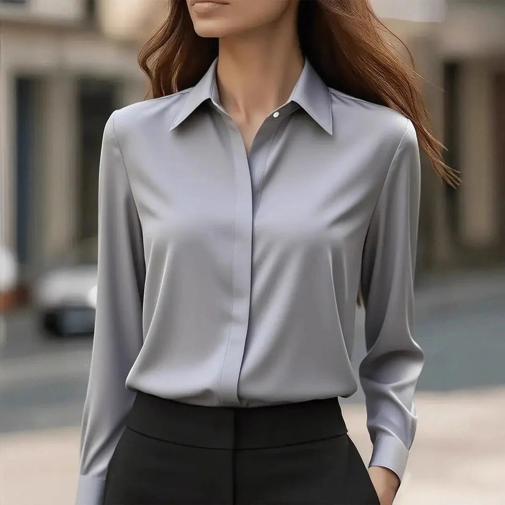 Long Sleeve Women's Blouse with Classic Collar and Button Placket - 2 - Modern britwear
