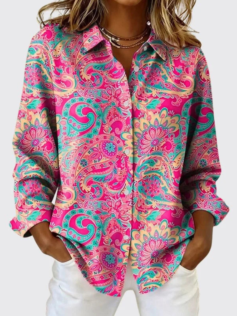 Bluzka damska w kwiatowy wzór z klasycznym kołnierzykiem - 2 - Krawczykmoda
