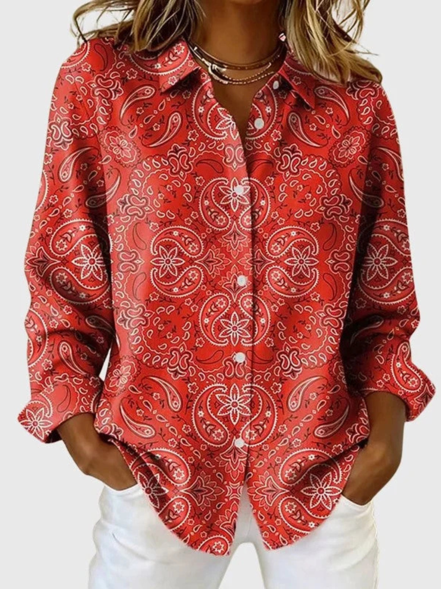 Bluzka damska z wzorem paisley w zieleni i klasycznym kołnierzykiem - 3 - Livia-Moda