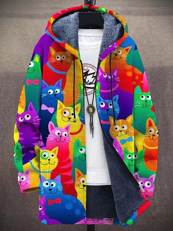 Hoodie damski z kolorowym wzorem kotów i kapturem - 1 - Livia-Moda