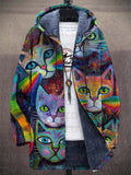 Hoodie damski z artystycznym nadrukiem kotów i luźnym krojem - 1 - Livia-Moda