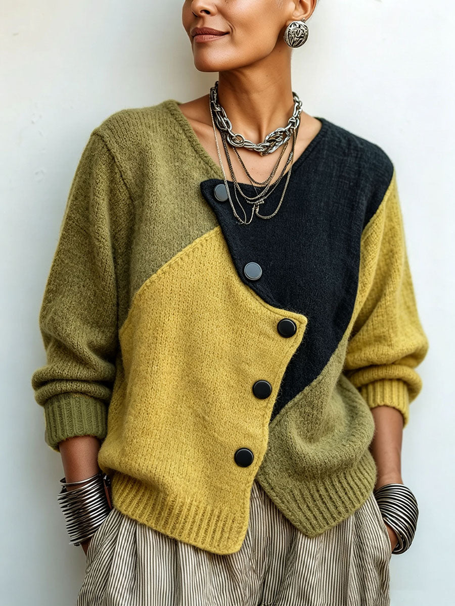 Pullover damski asymetryczny z guzikami i długimi rękawami - 1 - Livia-Moda
