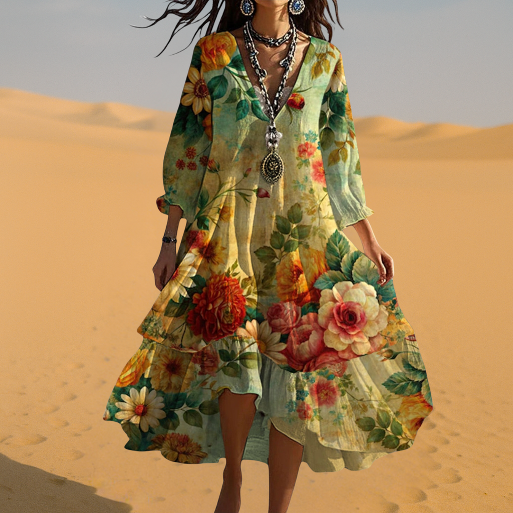 Stefanie – Floral V-Neck 3/4 Sleeve Dress - Image 3