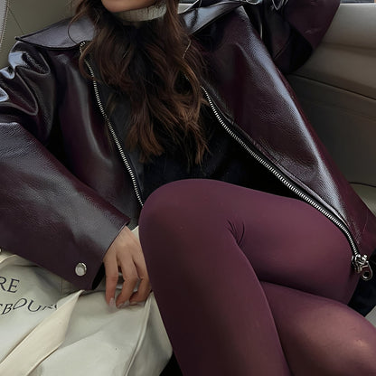 Aria – Damska bordowa kurtka oversize ze sztucznej skóry