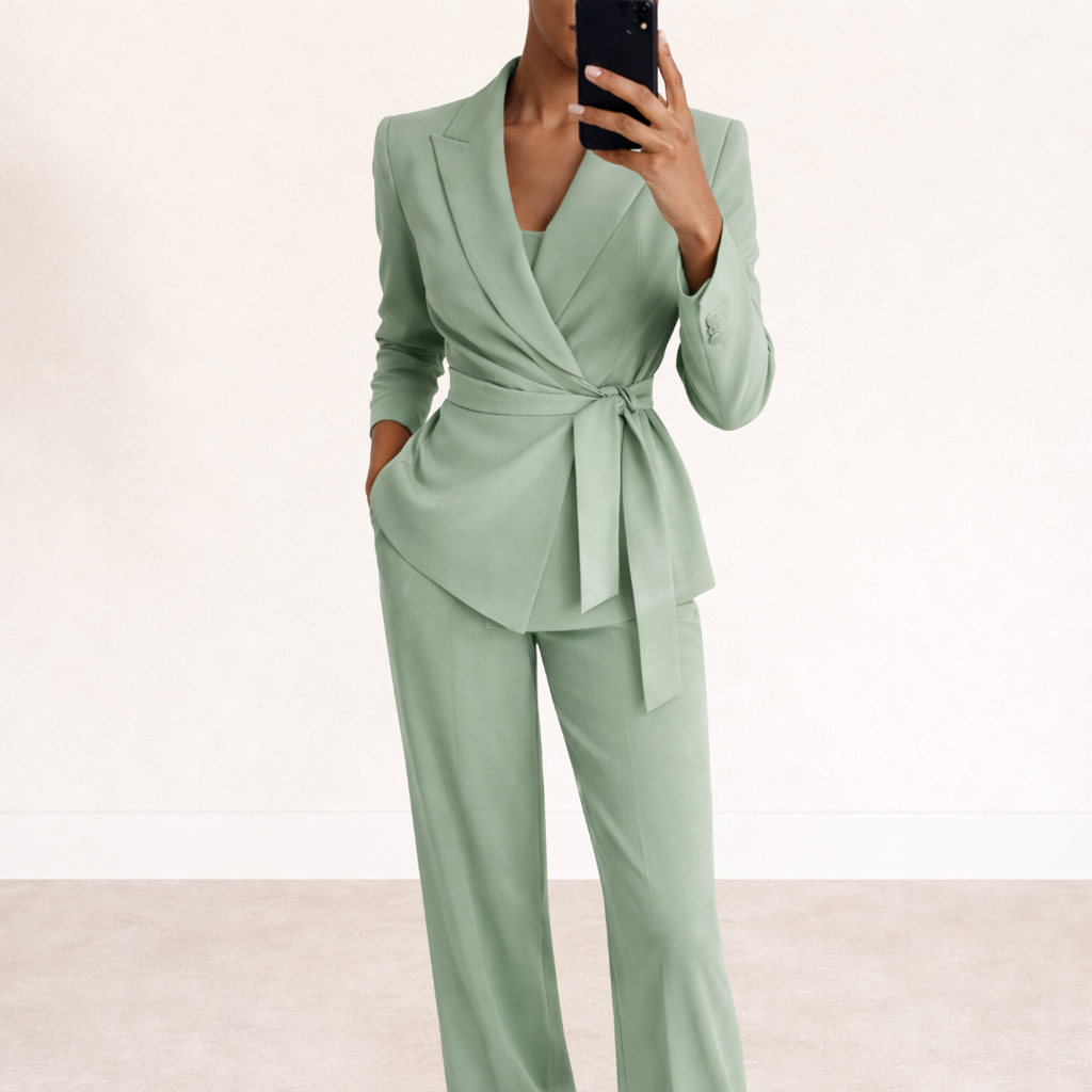 Two-Piece Set Women's Tailored Blazer and Wide-Leg Pants with Tie Waist - Image 2