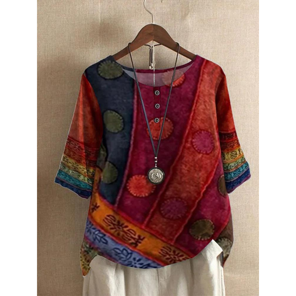 Elena – Damski luźny top boho z krótkim rękawem
