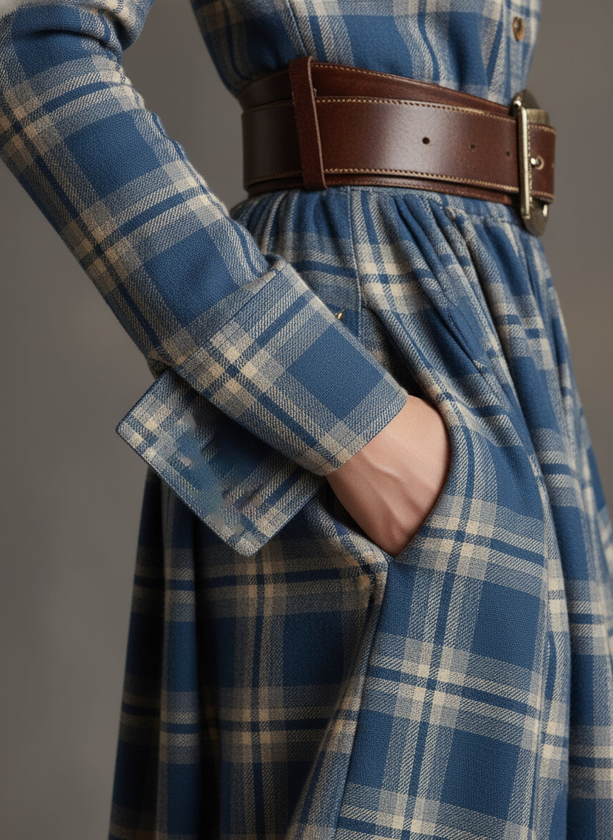 Helena – Damska długa sukienka koszulowa w kratę