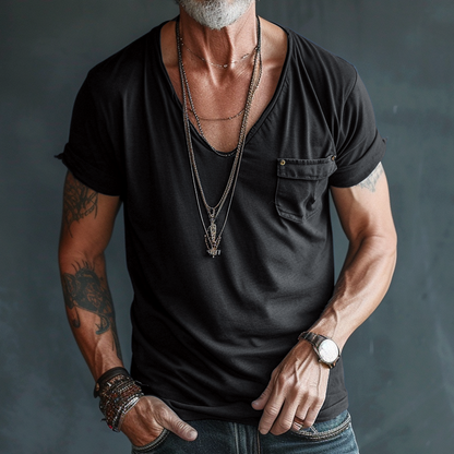 Leo – Męski t-shirt z dekoltem V i kieszenią na piersi