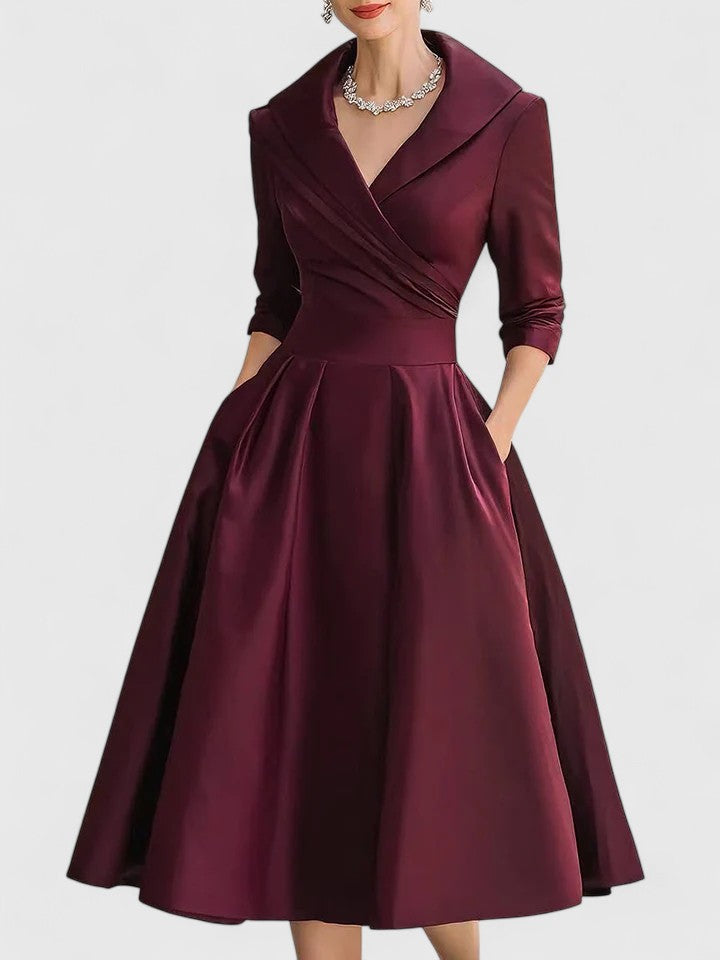 Ewelina – Elegancka rozkloszowana sukienka midi z kołnierzem szalowym damska