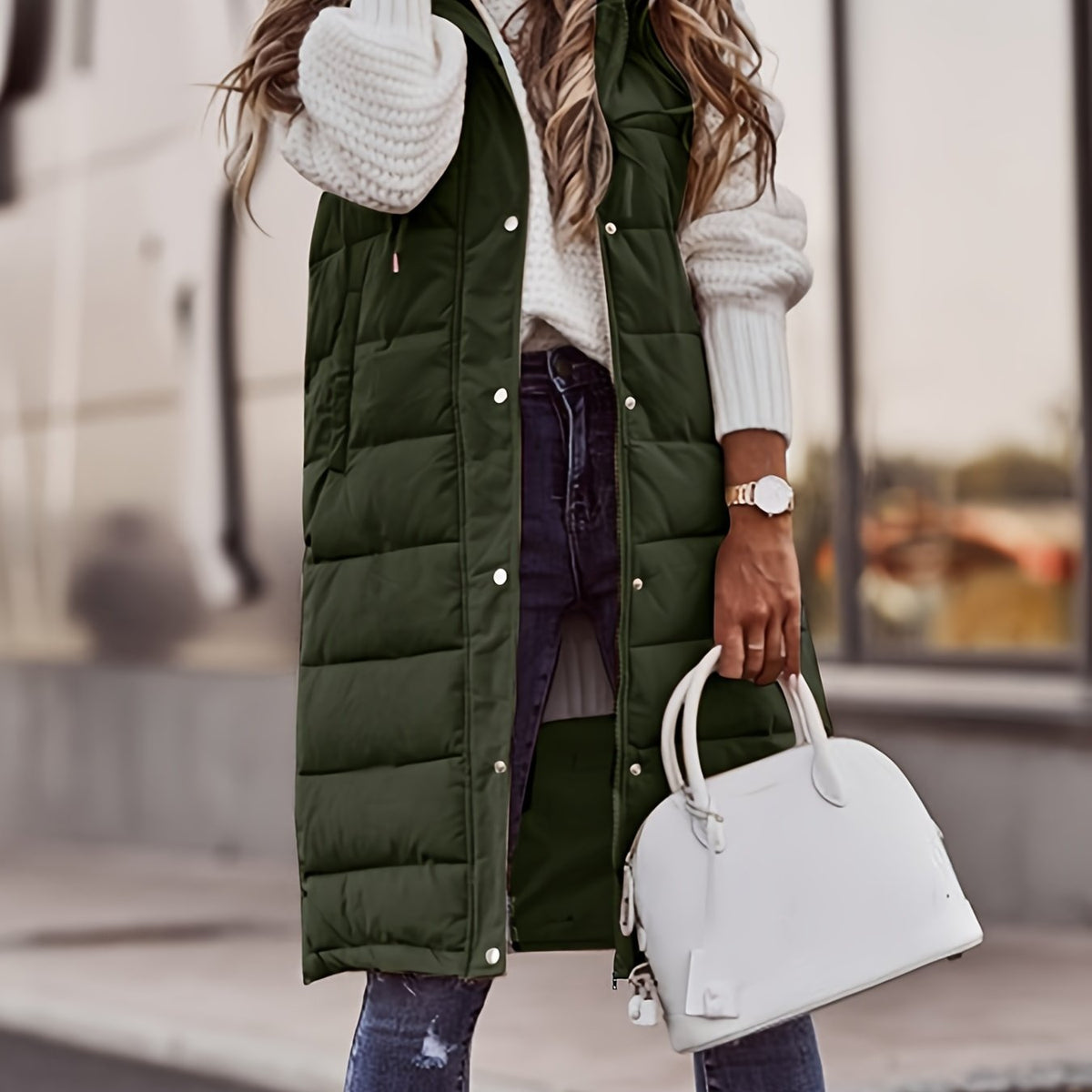 Longline Puffer Jacket Women's with Hood and Snap Closure - Image 12