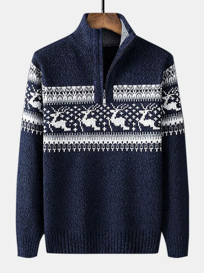 Paweł – Męski Sweter z Norweskim Wzorem i Kołnierzem na Zamek
