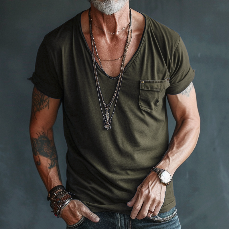 Leo – Męski t-shirt z dekoltem V i kieszenią na piersi