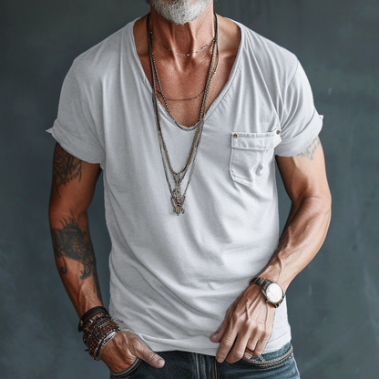 Leo – Męski t-shirt z dekoltem V i kieszenią na piersi