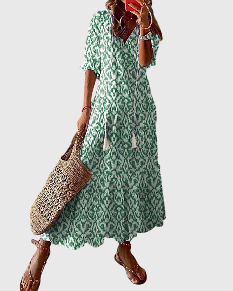 Ilka – V-neck With  Tassel Mid-sleeve Dress - Image 2