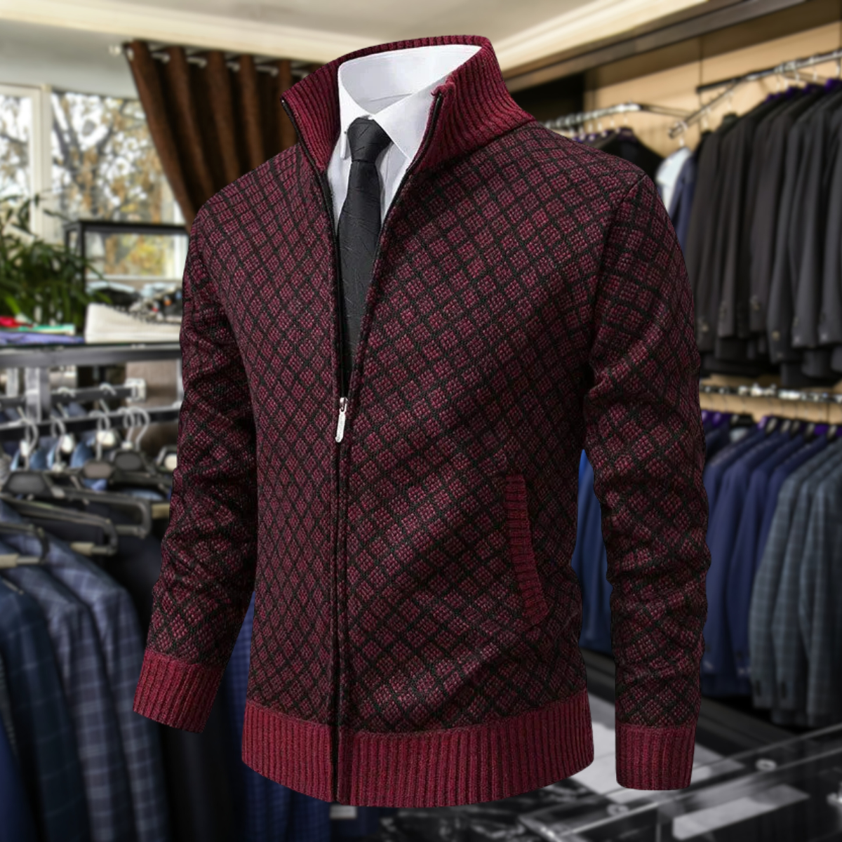 Jakub – Męski sweter zapinany na zamek z eleganckim geometrycznym wzorem