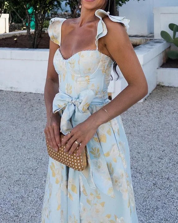 Lena – Damska Satynowa Sukienka z Kokardą i Rozcięciem