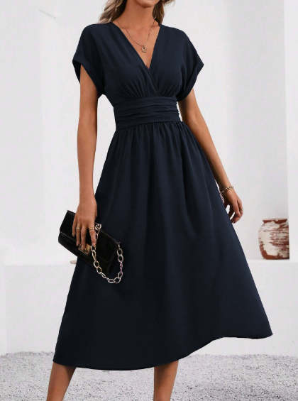 Thea – Elegant V-Neck Pleated Waist Dress - Image 1