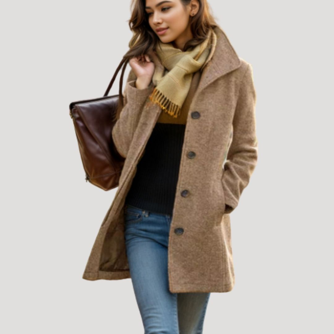 Clara – Damski wełniany płaszcz o klasycznym kroju z wysoką stójką