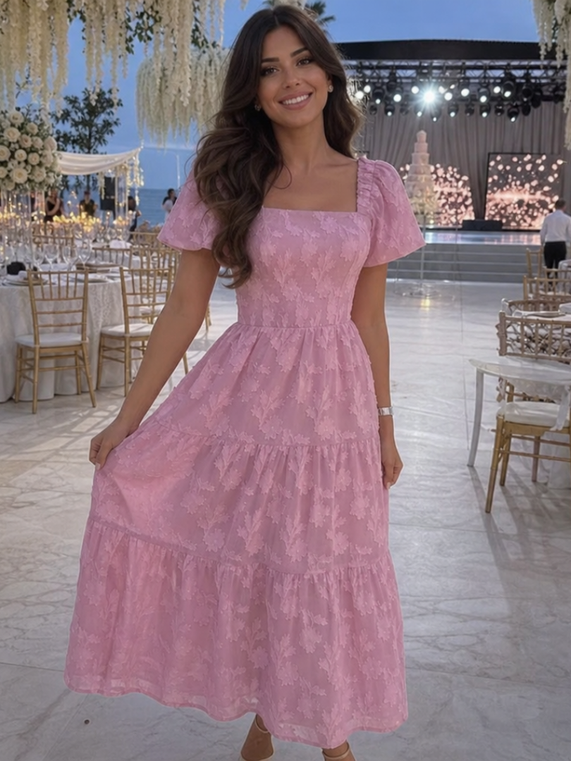 Sukienka midi dla kobiet z kwadratowym dekoltem, bufiastymi rękawami i kwiatowym wzorem - J&B; - 4 - Livia-Moda