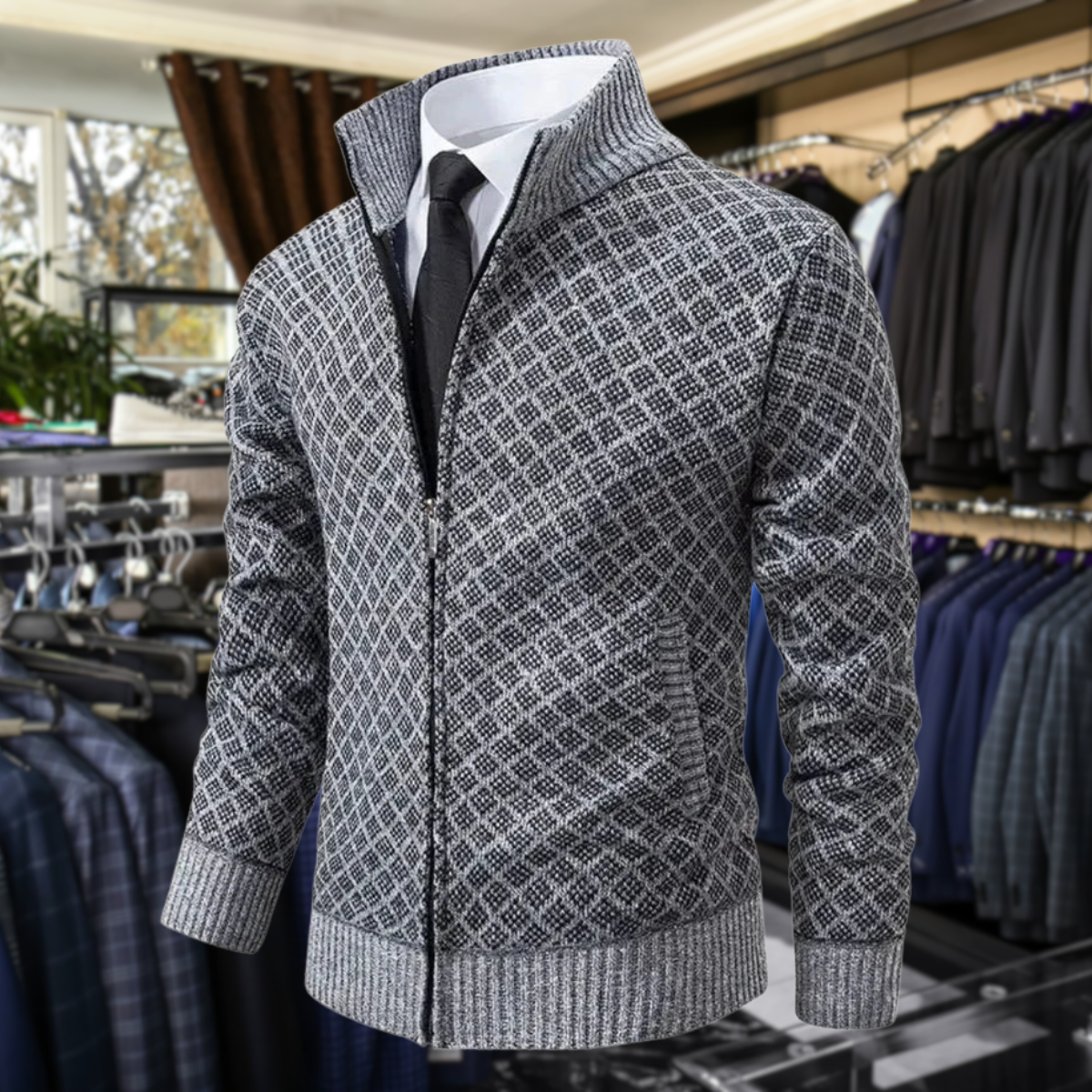 Jakub – Męski sweter zapinany na zamek z eleganckim geometrycznym wzorem