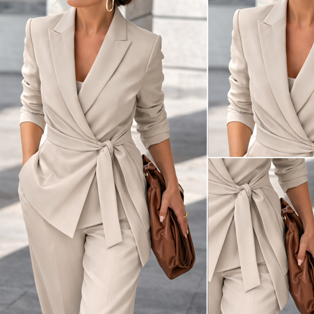 Two-Piece Set Women's Tailored Blazer and Wide-Leg Pants with Tie Waist - Image 6