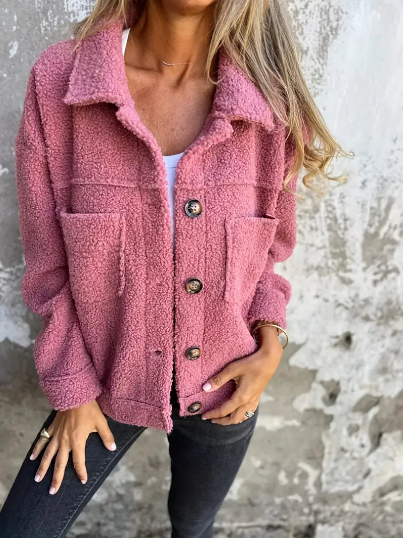 Nora - Damska kurtka typu teddy oversize z guzikami