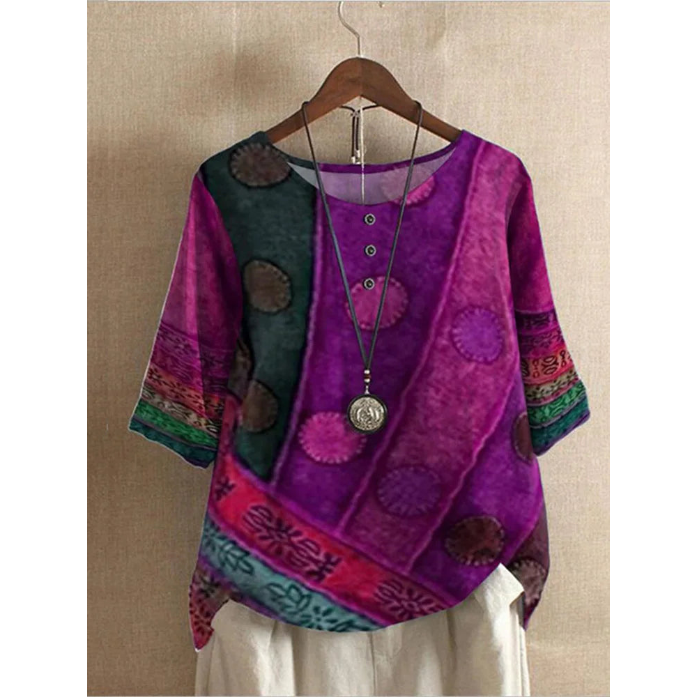 Elena – Damski luźny top boho z krótkim rękawem