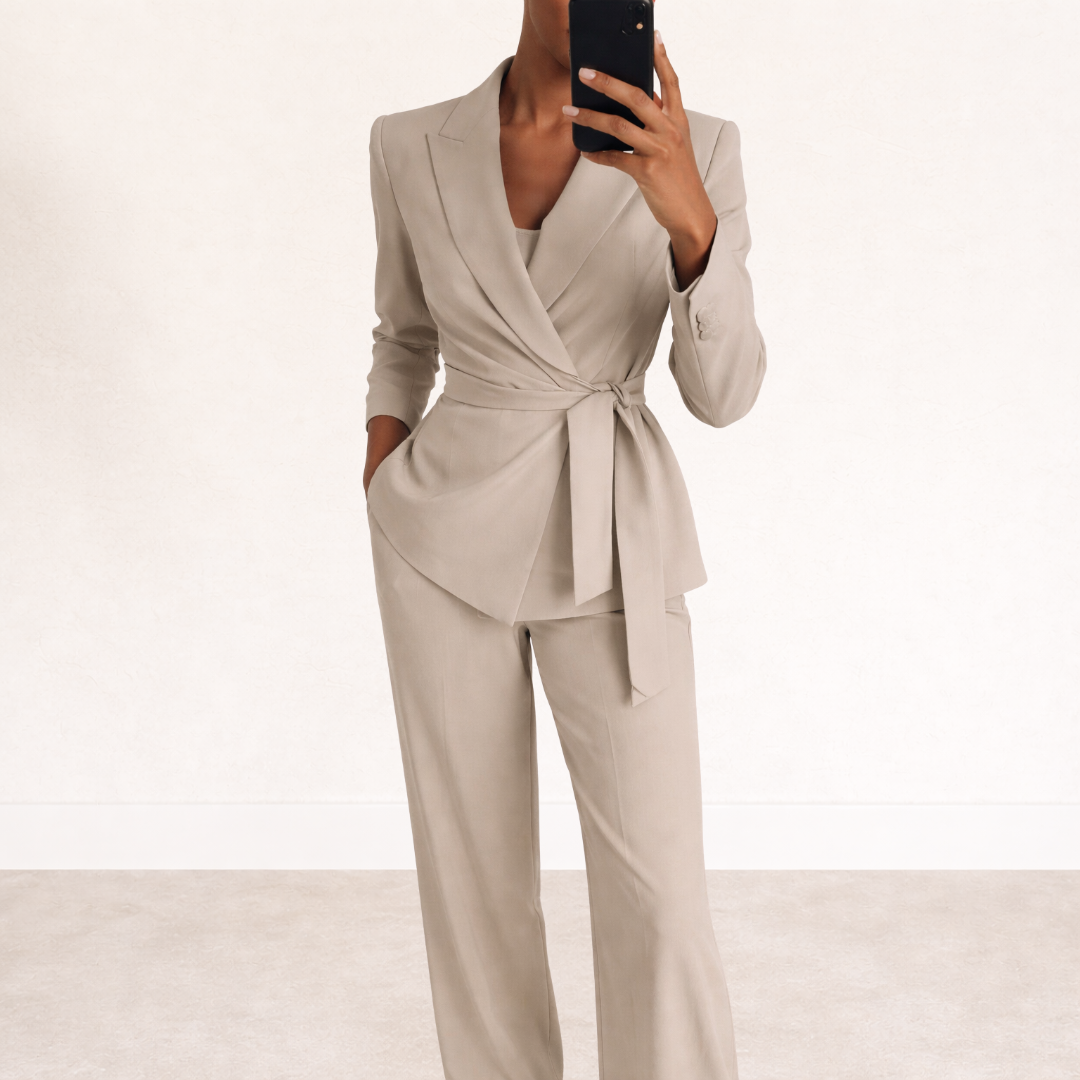 Two-Piece Set Women's Tailored Blazer and Wide-Leg Pants with Tie Waist - Image 4