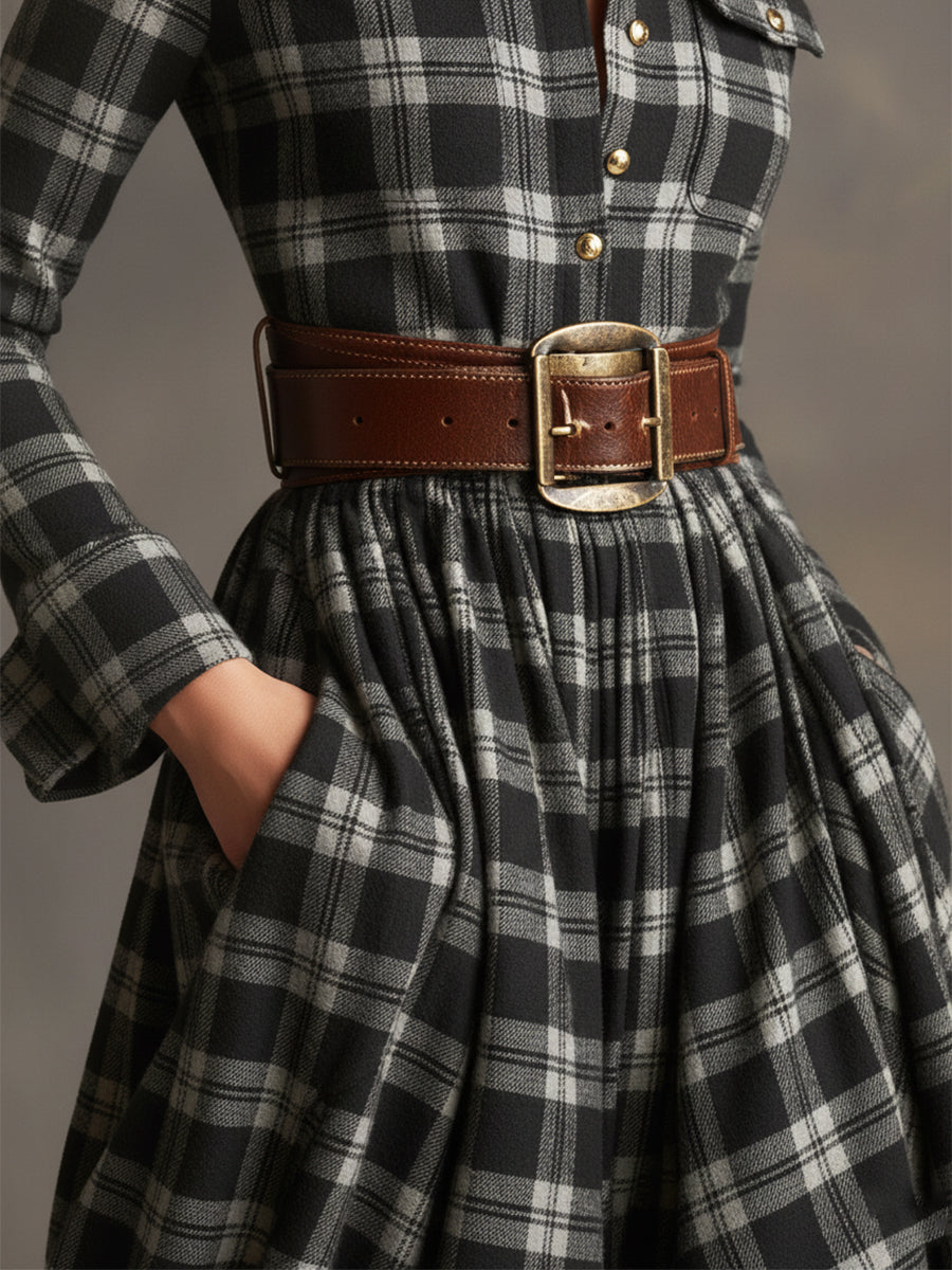 Helena – Damska długa sukienka koszulowa w kratę