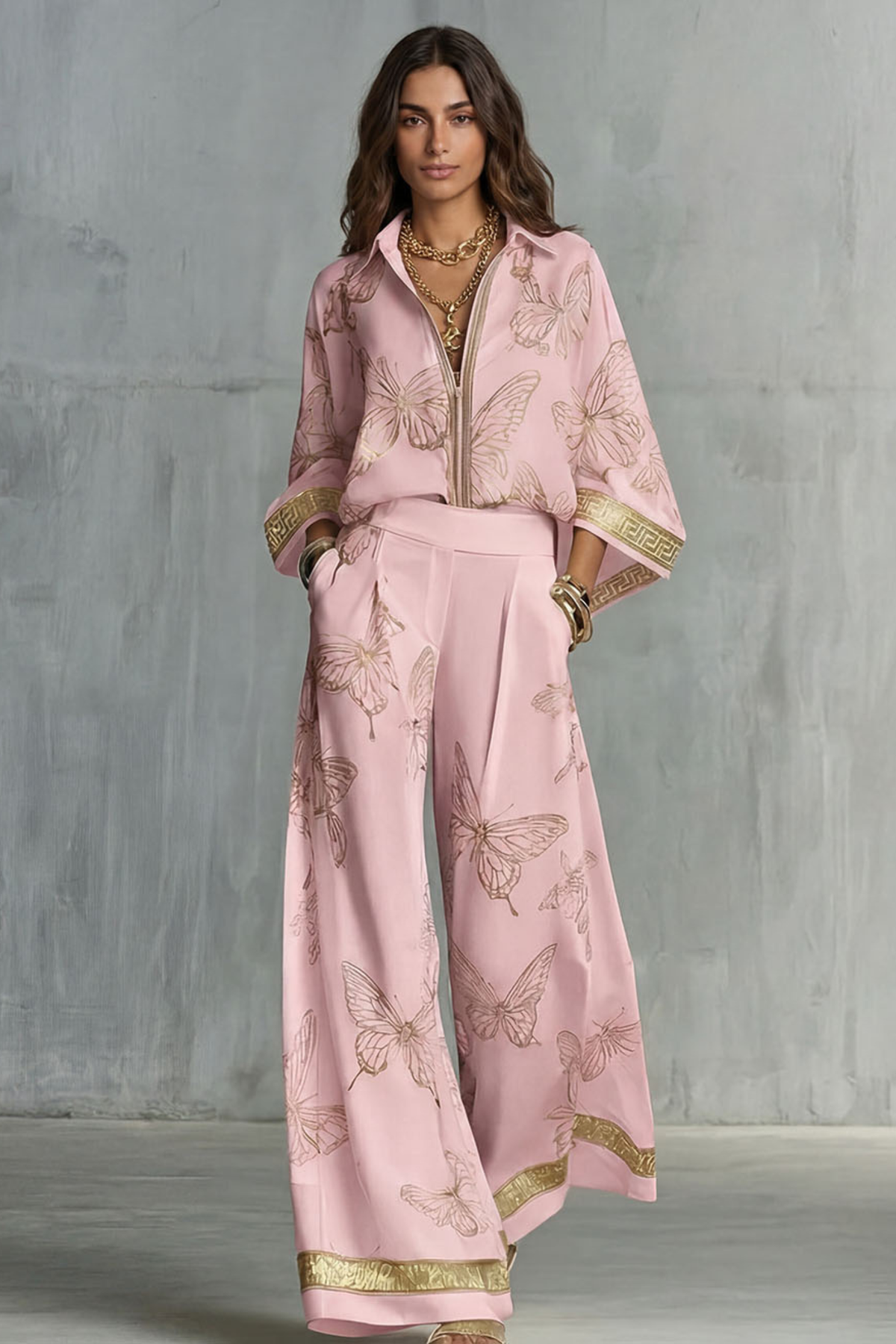 Two-Piece Set Women's Butterfly Print Blouse and Wide-Leg Pants with Gold Accents - Image 6