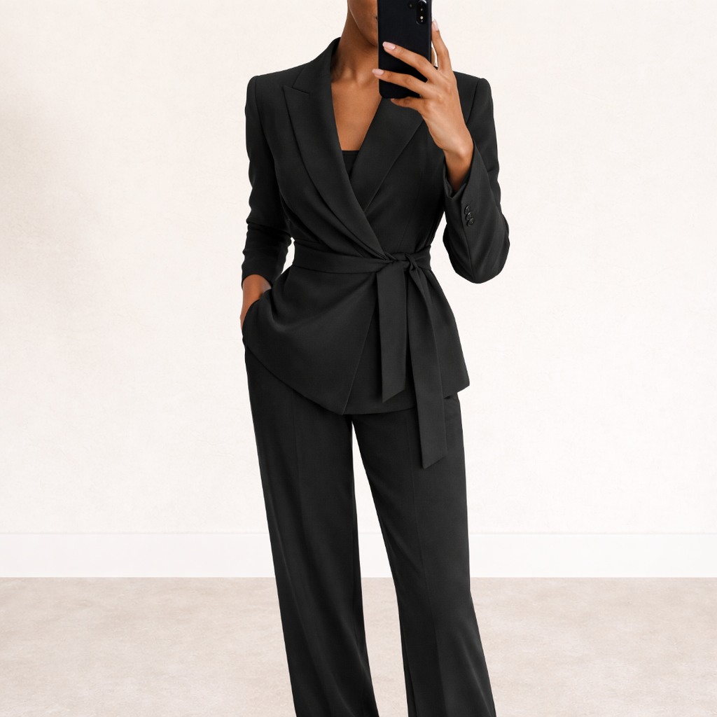 Two-Piece Set Women's Tailored Blazer and Wide-Leg Pants with Tie Waist - Image 1