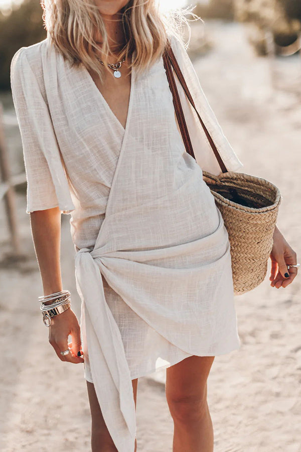 Ingrid  – Women Linen Blend Knotted Wrap Mini Dress - Image 21