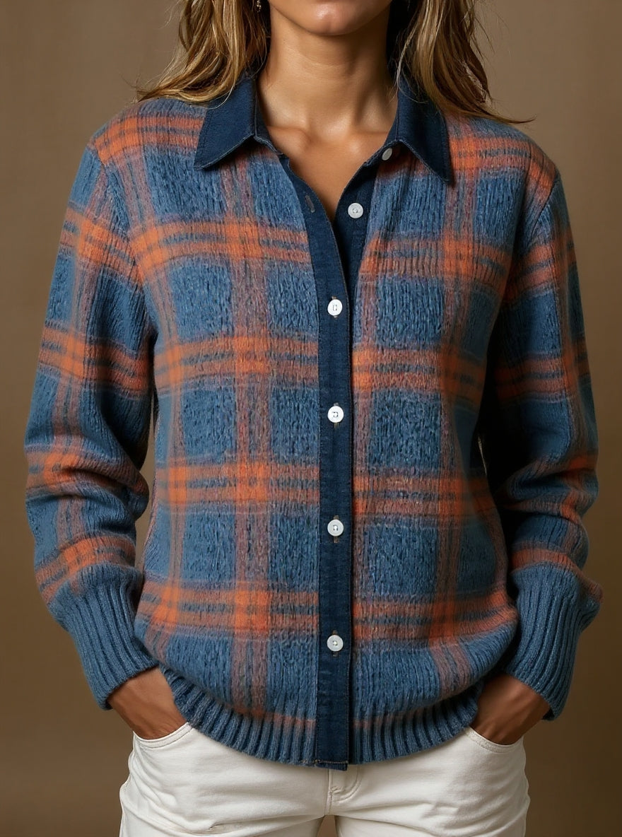 Chloe – Damski jesienno-zimowy sweter koszulowy w miękką kratę