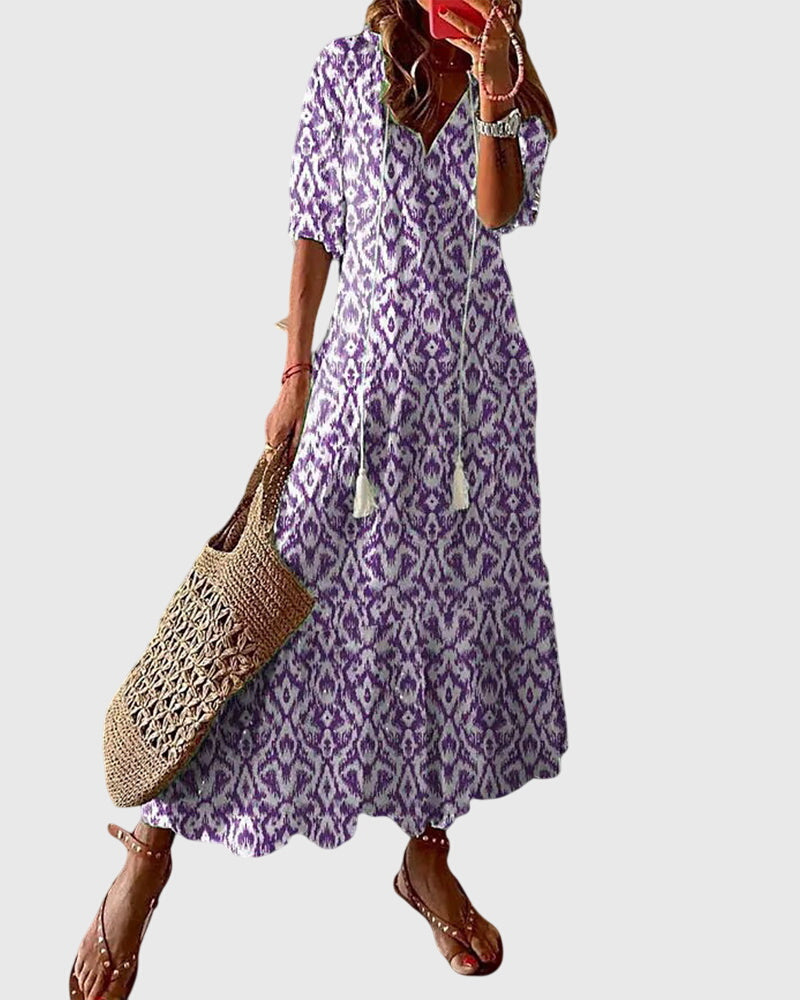 Ilka – V-neck With  Tassel Mid-sleeve Dress - Image 3