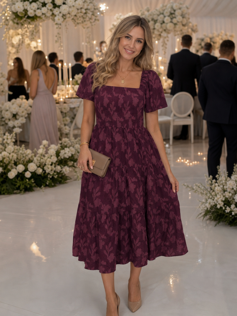 Sukienka midi dla kobiet z kwadratowym dekoltem, bufiastymi rękawami i kwiatowym wzorem - J&B; - 8 - Livia-Moda