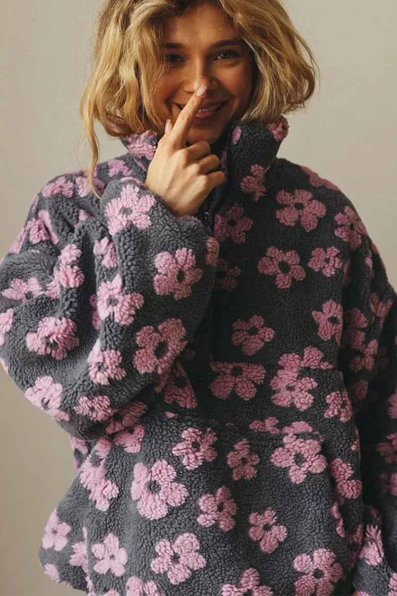 Valeria – Przytulna damska bluza polarowa z kwiatowym wzorem