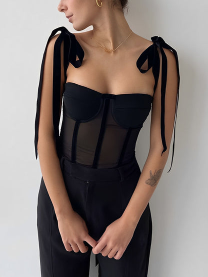 Clara – Semi-Sheer Tied Mesh Cami Blouse - Image 1