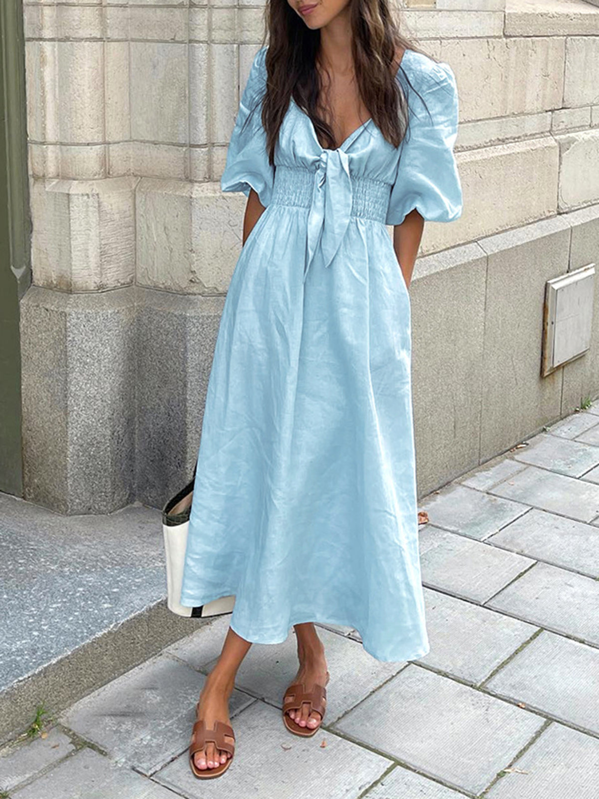 Mia – Linen Cotton Front Tie Midi Dress - Image 3