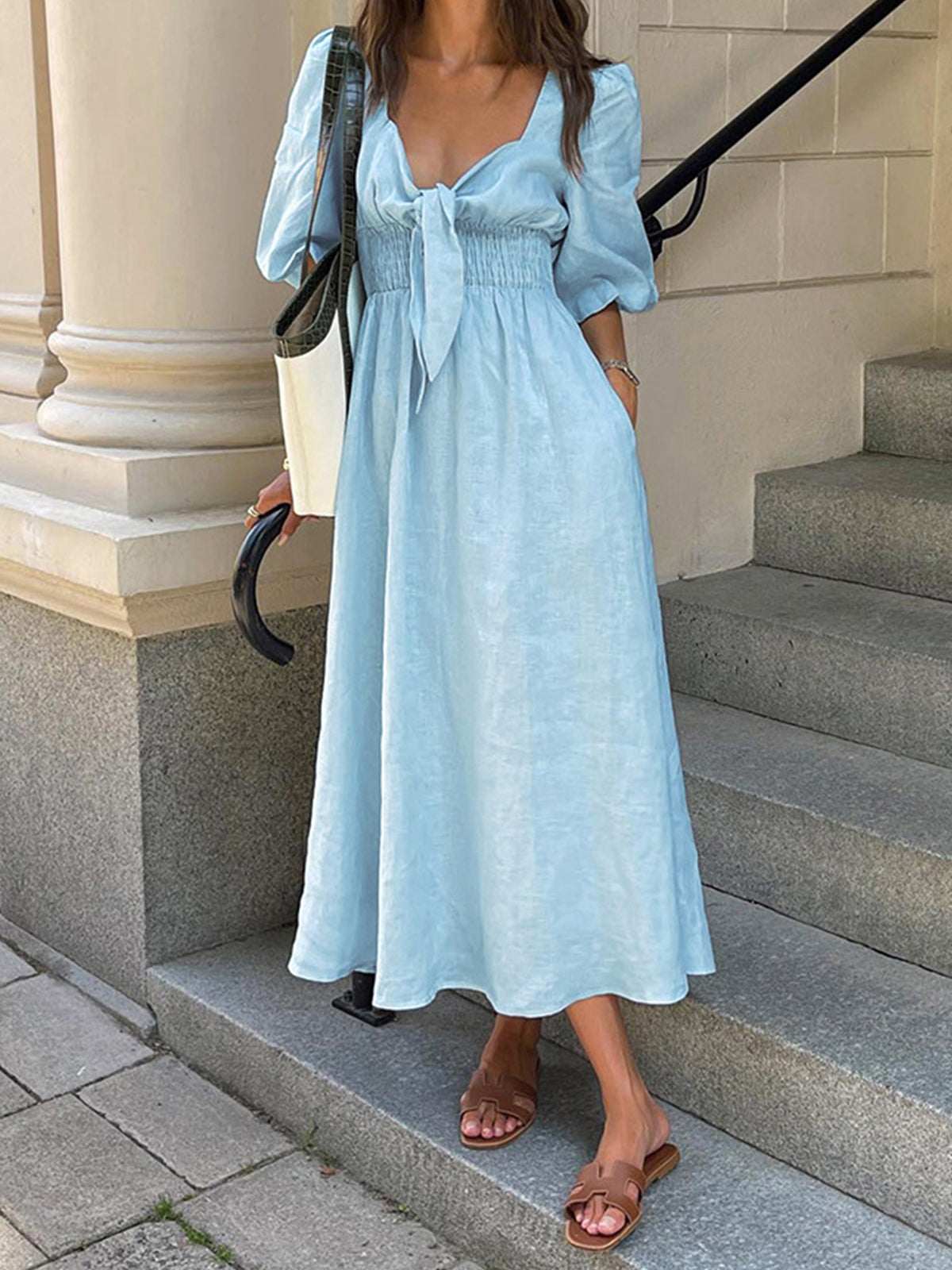 Mia – Linen Cotton Front Tie Midi Dress - Image 2