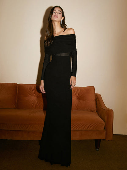Charlotte – Semi-Sheer Off-Shoulder Mesh Long Sleeve Long Dress - Image 1