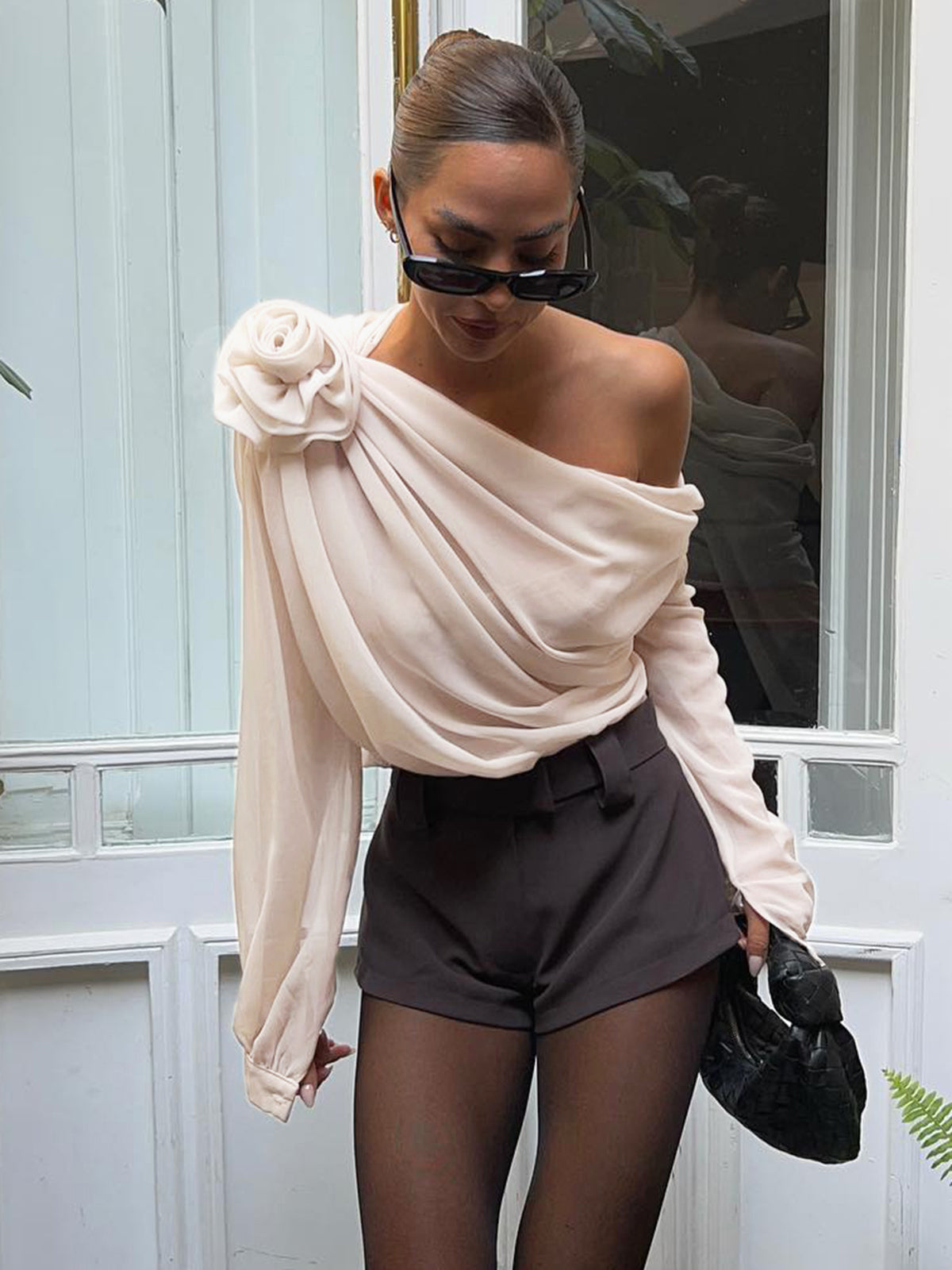 Lisa – Chiffon Semi-Sheer One Shoulder Blouse - Image 1