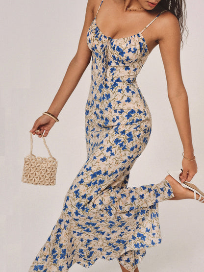 Mia – Floral Print Knotted Irregular Hem Long Dress - Image 1