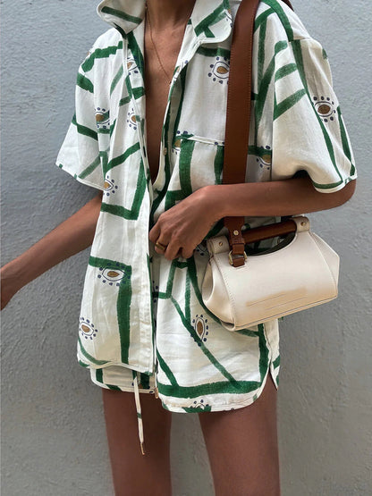 Paula – Wzorzysty letni zestaw szortów z wiązaniem