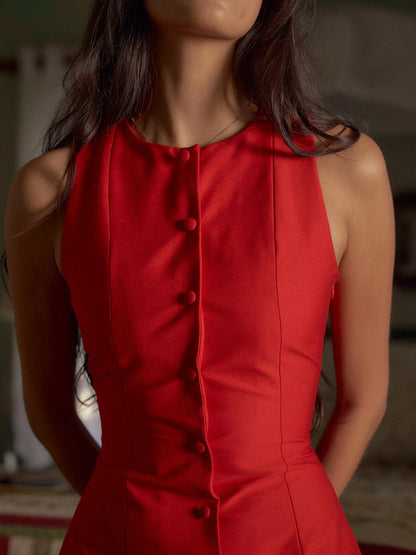 Inés – Krótka Sukienka Mini Bez Rękawów z Guzikami z Przodu