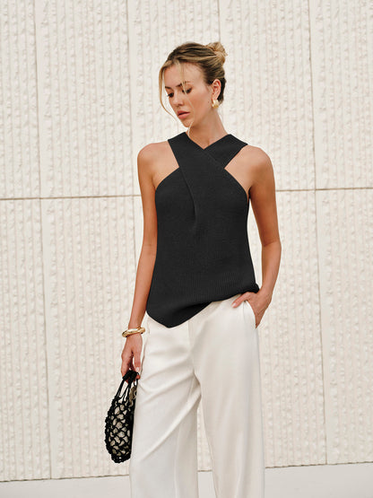 Alba – Top Halter bez Rękawów z Krzyżowanym Wykończeniem