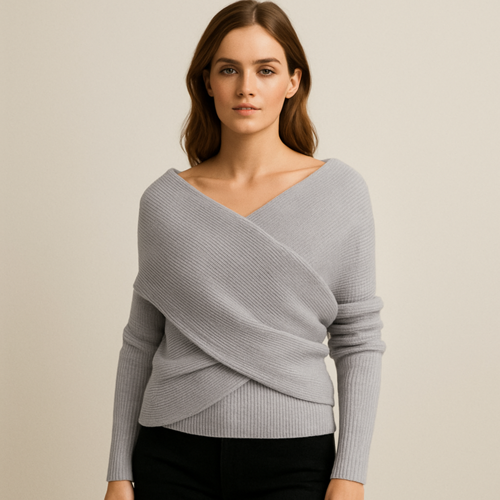 Elena – Dzianinowy Sweter Kopertowy z Długim Rękawem