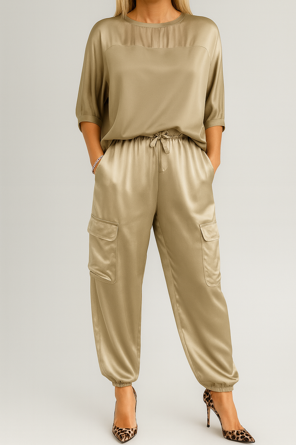 Emily – Damski satynowy komplet z luźnym krojem