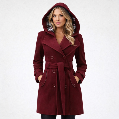 Valentina – Dwurzędowy Płaszcz z Kapturem i Paskiem